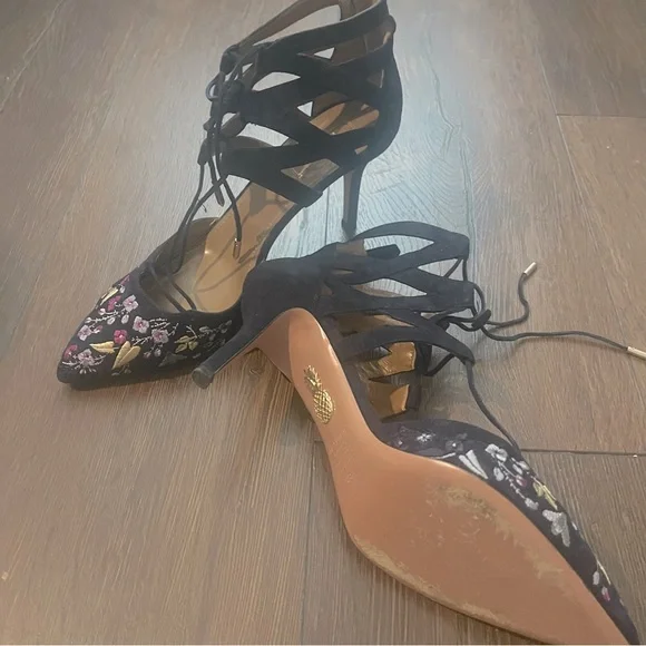 Aquazzura Firenze Suede Floral Pumps 9.5 Navy Purple - Picture 3 of 6